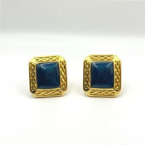 Gold Tone Square Clip On Earrings Deep‎ Teal Blue Enamel
